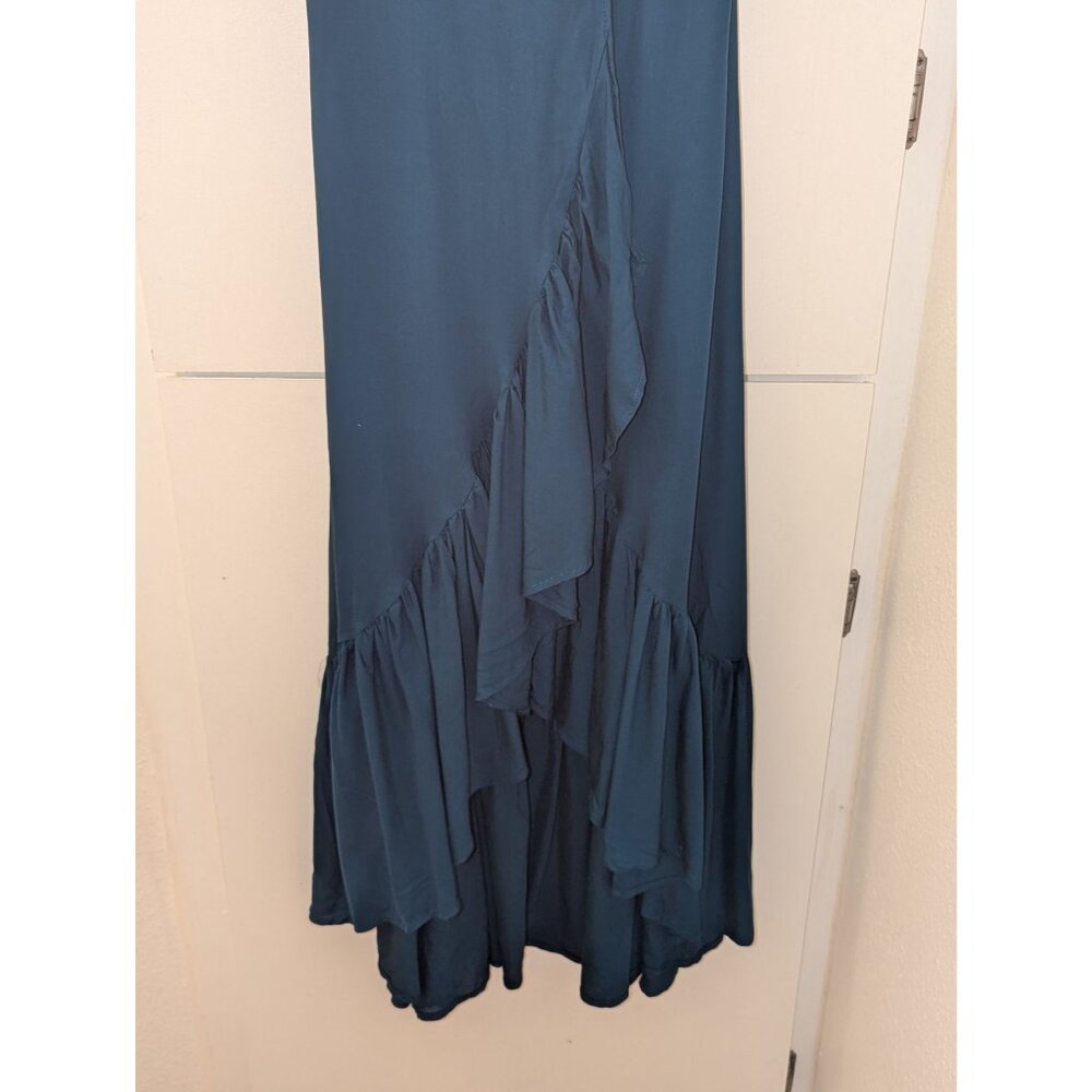 Navy Blue Wrap Maxi Dress with Ruffled Hem Elegant Long Sleeve Designer Gown - Picture 2 of 7